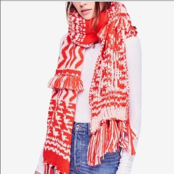 Free People Mile High Print Fringe Scarf Orange - Picture 2 of 9